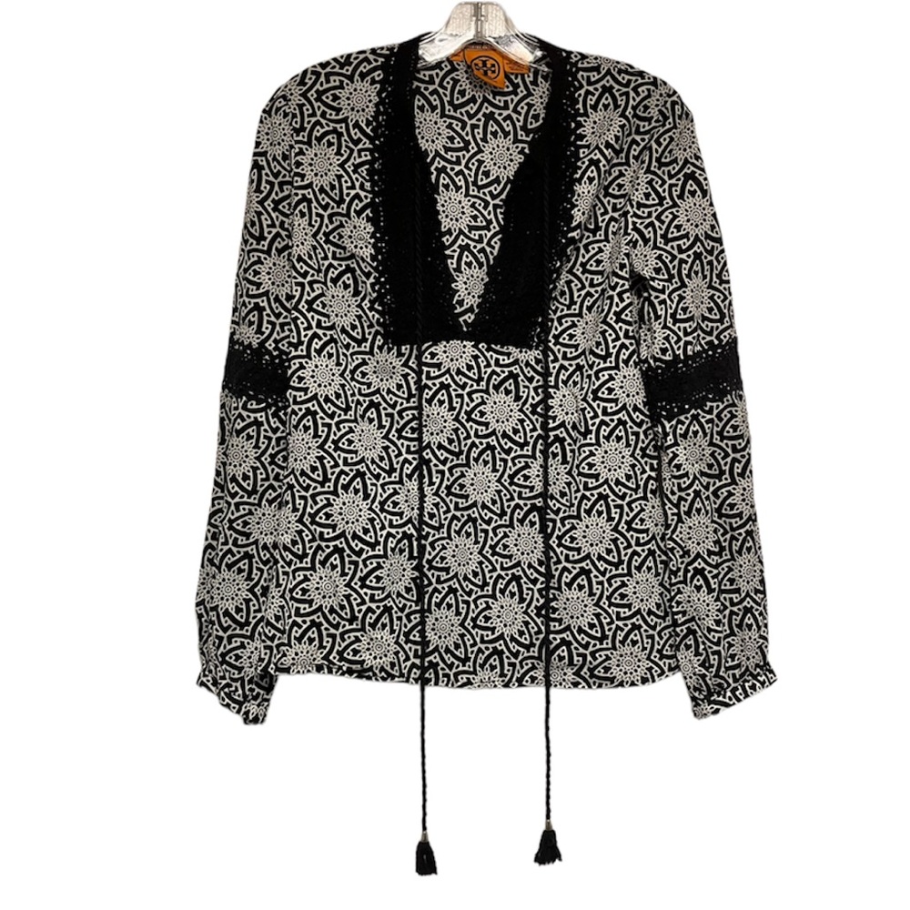 Tory Burch Cotton Black White Patterned Tassel Blouse Tunic Top Size 6 R